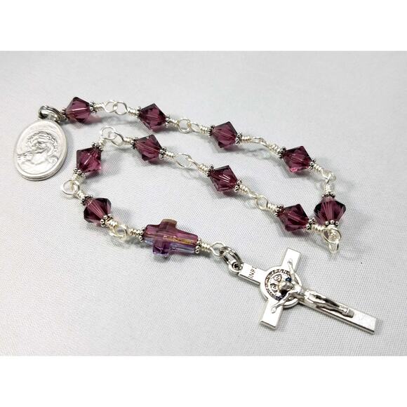 Ecce Homo One Decade Rosary Purple Swarovski Cross St. Benedict Crucifix - Picture 3 of 10